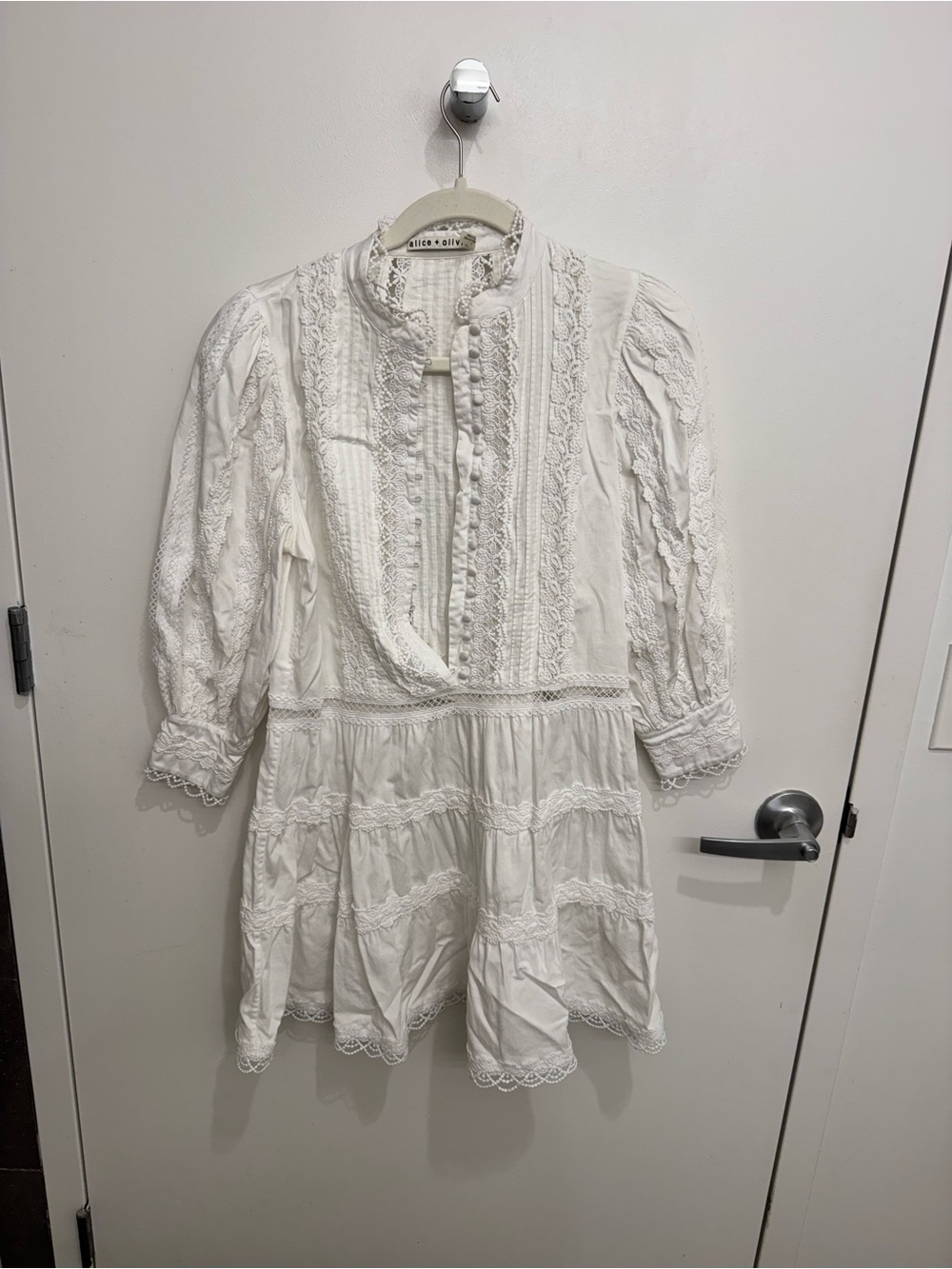 Alice + Olivia White Lace Trim Long Sleeve Mini Dress